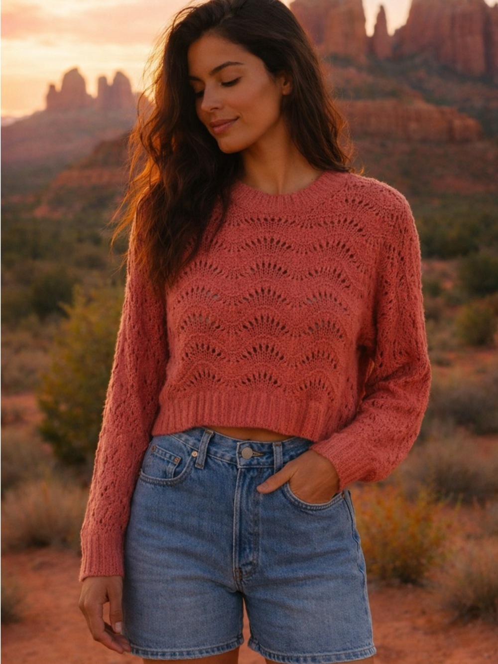 American Eagle Coral Open-Knit Crewneck Slightly Cropped Lightweight Sweater M